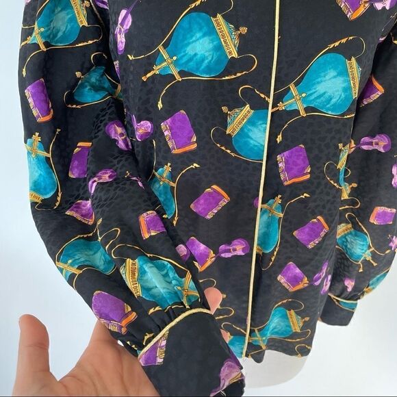 Vintage Ornate Printed Silk Cocktail Blouse Top Long Sleeve Novelty Women Size 2 - Picture 9 of 10